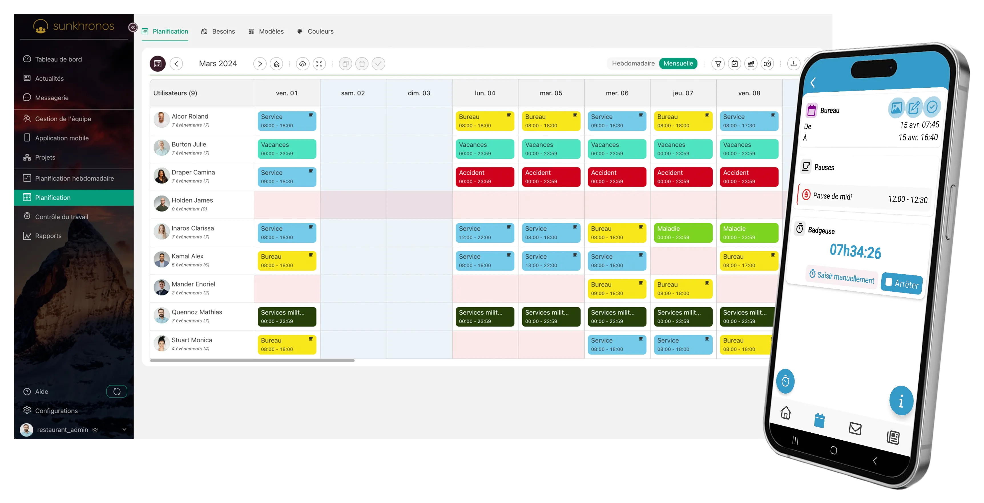 Sunkhronos sur ordinateur et sur smartphone : planning mensuel de l’équipe et badgeuse en cours.